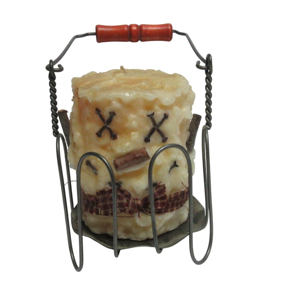 Christmas Snowman Candle w/Red Scarf in Metal Holder Clove Eyes Cinnamon Nose